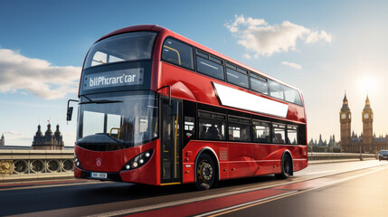 Red double decker bus on the street in London, UK. Red double decker bus in the city. You can use the empty billboard next to the bus for your promotion. Mock up. AI generated         - obrazy, fototapety, plakaty