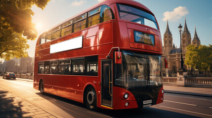 Red double decker bus on the street in London, UK. Red double decker bus in the city. You can use the empty billboard next to the bus for your promotion. Mock up. AI generated         - obrazy, fototapety, plakaty