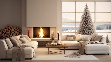 A beautifully decorated Christmas tree with minimalistic ornaments stands beside a sleek fireplace, creating a cozy and festive atmosphere.