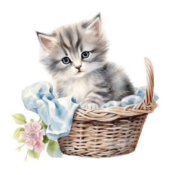 Watercolor illustration of a cute kitten in a basket. Generative AI, png image