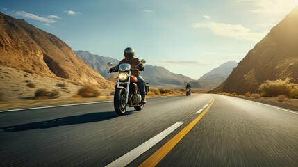 a motorcycle gracefully navigating an empty highway, symbolizing the freedom and joy of the ride. - obrazy, fototapety, plakaty