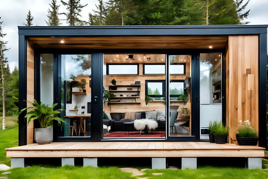 Luxury tiny home with huge window and terrace. Close up