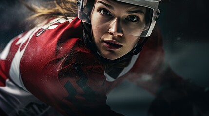 Professional Female Athlete Playing Hockey on Ice Field