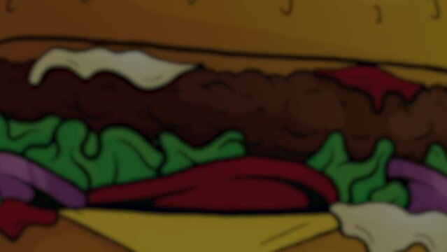 Hands holds burger zoom in cartoon style 1st person view eating chromakey