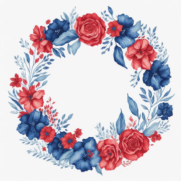 Blue and Red watercolor floral frame, Round shape floral frame.
