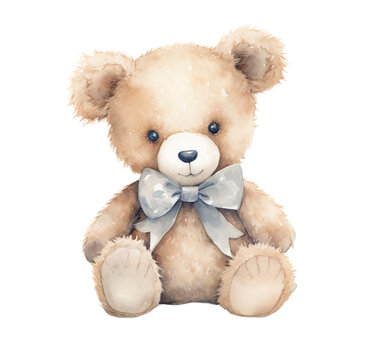 Watercolor illustration of a cute bear toy bow. Generative AI, png image