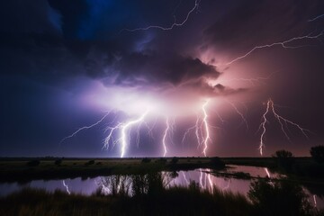 Intense night storm with dazzling lightning. Generative AI