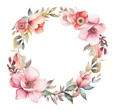 Watercolor illustration of a delicate pastel floral wreath. Generative AI, png image