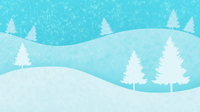 Winter cartoon background snowy hills with spruce tree snowing snowflakes falling