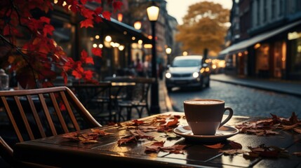 Fototapeta premium Morning coffee at a bustling city cafe with cars and a vibrant urban view. Enjoy the cityscape as you sip your latte