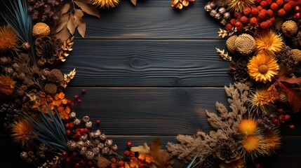 Fall wreath on rustic wooden table, adorned with colorful leaves and acorns. Cozy autumn decor for seasonal ambiance