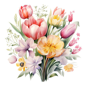 Watercolor illustration of spring bouquet. Generative AI, png image
