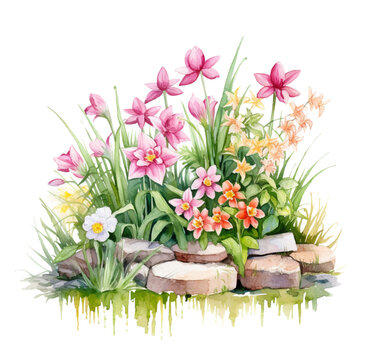 Watercolor illustration of a flower bed with a fence. Generative AI, png image