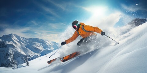 Skier in mountains on a beautiful sunny day. Generative AI