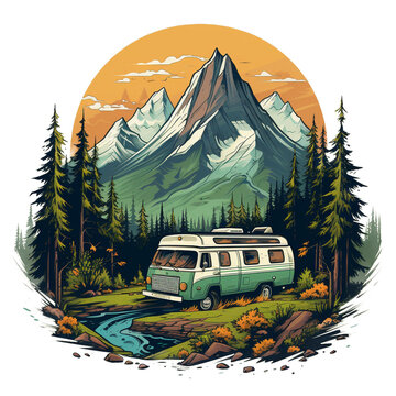 Camper van car camping advanture in wild with pine tree and moutain svg png file for t-shirt design on transparent background