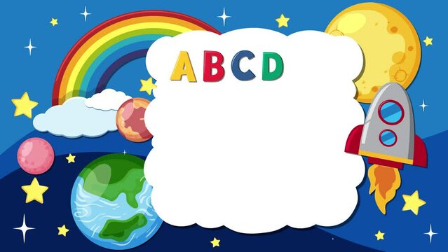 Children's alphabet learning animation featuring English letters A-Z in an outer space scene with a rocket, earth, moon, and stars.