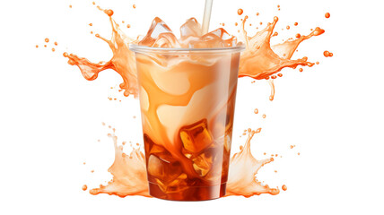 Ice tea thai tea splash glass with straw in plastic cup isolated on transparent background PNG file - obrazy, fototapety, plakaty