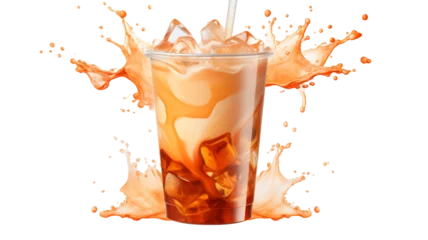 Foto op Canvas Ice tea thai tea splash glass with straw in plastic cup isolated on transparent background PNG file © Rames studio