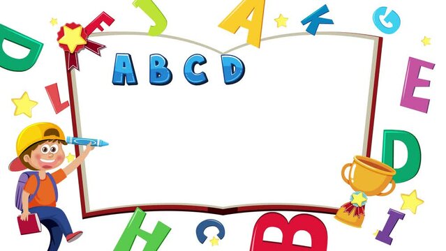 Boy student on blank template learning A-Z English letters alphabet, open book on background