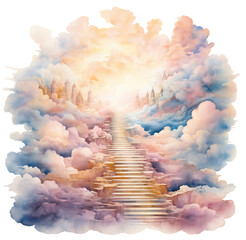 Watercolor illustration of step to heaven clouds. Generative AI, png image.