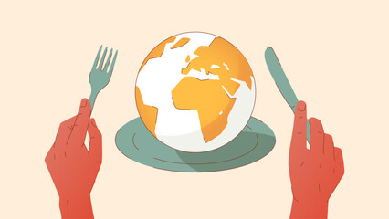 Vector illustration showing a plate with earth globe on it, and hands holding a fork and knife. Concept of lack of food, rising food prices, global food shortage, zero hunger - obrazy, fototapety, plakaty