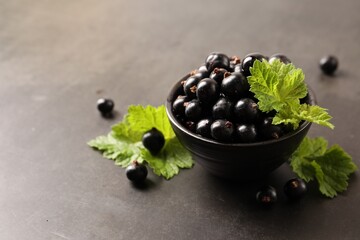 Ripe blackcurrants and leaves in bowl on grey background. Space for text