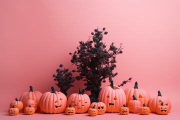 Background featuring Halloween pumpkins, jack o' lanterns, and fluffy trees on a pink background. Spooky Halloween ambiance. Generative AI