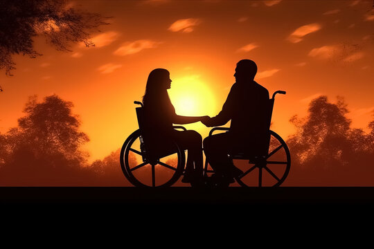 silhouette of handicapped young couple in wheelchairs at sunset. Generative Ai