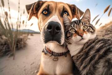 Close-up wide-angle realistic photo of cat with dog outdo