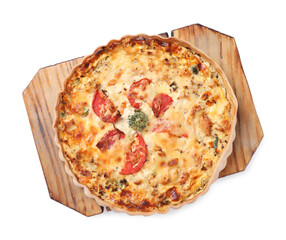 Tasty quiche with tomatoes and cheese isolated on white, top view