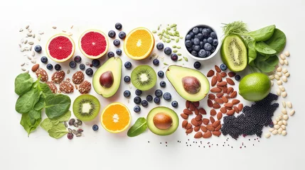 Foto op Canvas Healthy food. Various fruits isolated on a white background, top view, creative flat layout. Frame of different fruits with space for text. © Much