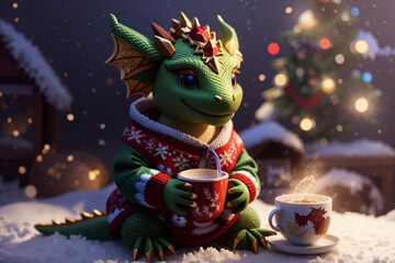 Christmas composition with a little cute dragon in a sweater. Background with the symbol of the year for cards, calendars.
