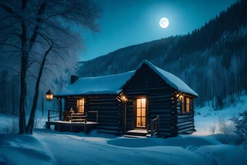 Generate a snowy, moonlit landscape with a cozy cabin