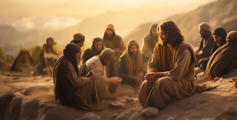 Jesus sits with his disciples on a mountain and talks to them about God - theme religion and biblical motifs - 654241652