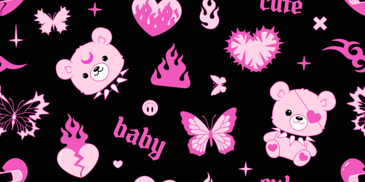Y2k Emo Goth semless pattern. Kawaii Pink teddy bear with flame heart. Tattoo art teddy bear toy, butterfly, flame, fire in gothic y2k 2000s style. Vector pink and black design