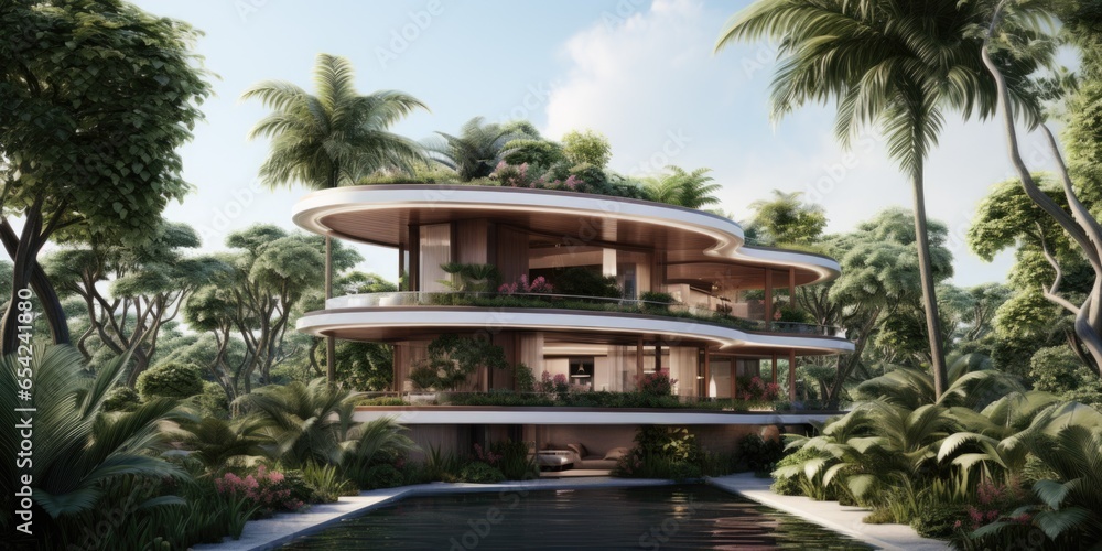 Poster a large circular building surrounded by palm trees. ai.