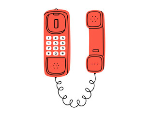 Hand drawn cute cartoon illustration of red wall wired phone. Flat vector old telephone, landline sticker in simple colored doodle style. Call device icon or print. Isolated on white background.