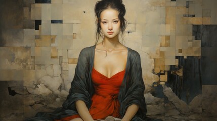 A painting of a woman in a red dress, AI