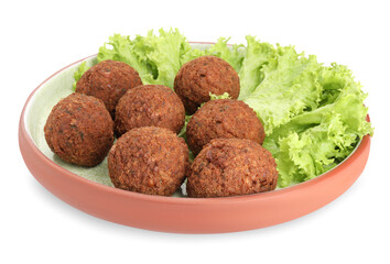 Plate of delicious falafel balls and lettuce isolated on white. Vegan meat products