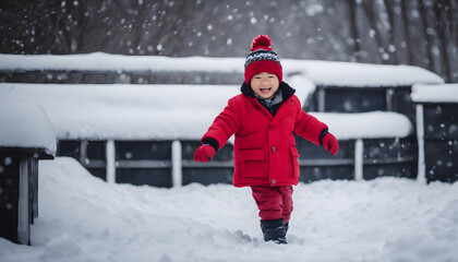Fototapeta na wymiar Cute little boy having fun in winter park. Happy child having fun outdoors. Winter activities for kids.