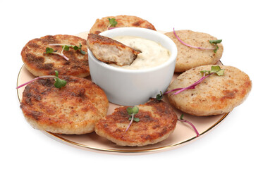 Plate of delicious vegan cutlets and sauce isolated on white