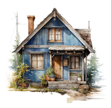 Watercolor illustration of a wooden house. Generative AI, png image.