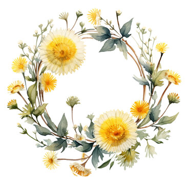 Watercolor illustration of a wreath of yellow spring dandelions. Generative AI, png image.