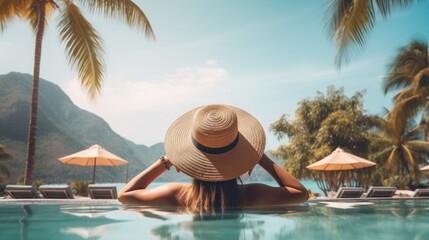Fototapeta na wymiar Beautiful girl wearing swimming suit and straw hat relaxing in pool at luxury resort. Summer vacation concept.