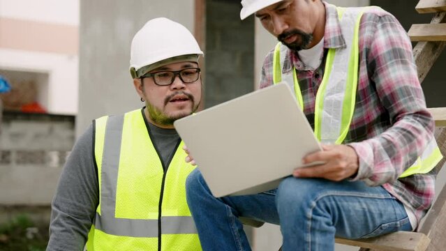Male asia engineers sitting with laptop computers on their legs, working on computer, another builder walks in with large sheet house plan paper, shows it another engineer, two men watch together.