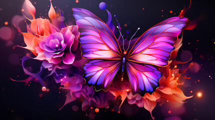 Neon, Mesmerizing butterfly, flowers, purple and pink, AI-Generated