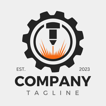 Laser cutting logo with circular gear design template silhouette isolated. CNC machine logo emblem