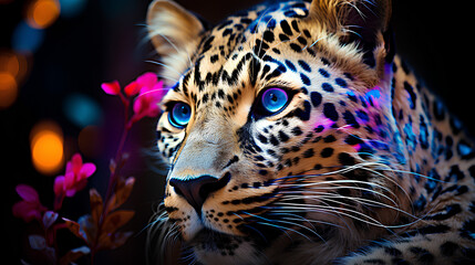 Neon, Mesmerizing cheetah, dynamic composition, pink and blue, AI-Generated