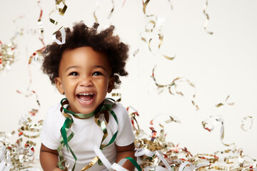 Funny cute happy black african american baby boy playing with flying gift paper ribbons and serpentines on white background, child birthday party, christmas and holiday festive celebration