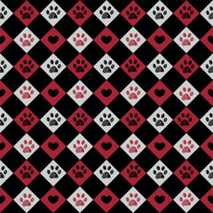 Plaid check heart pattern with paw prints. Seamless fabric design pattern